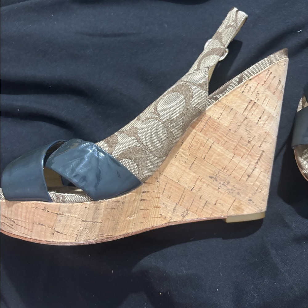 Coach Black and Tan Wedge Sandals